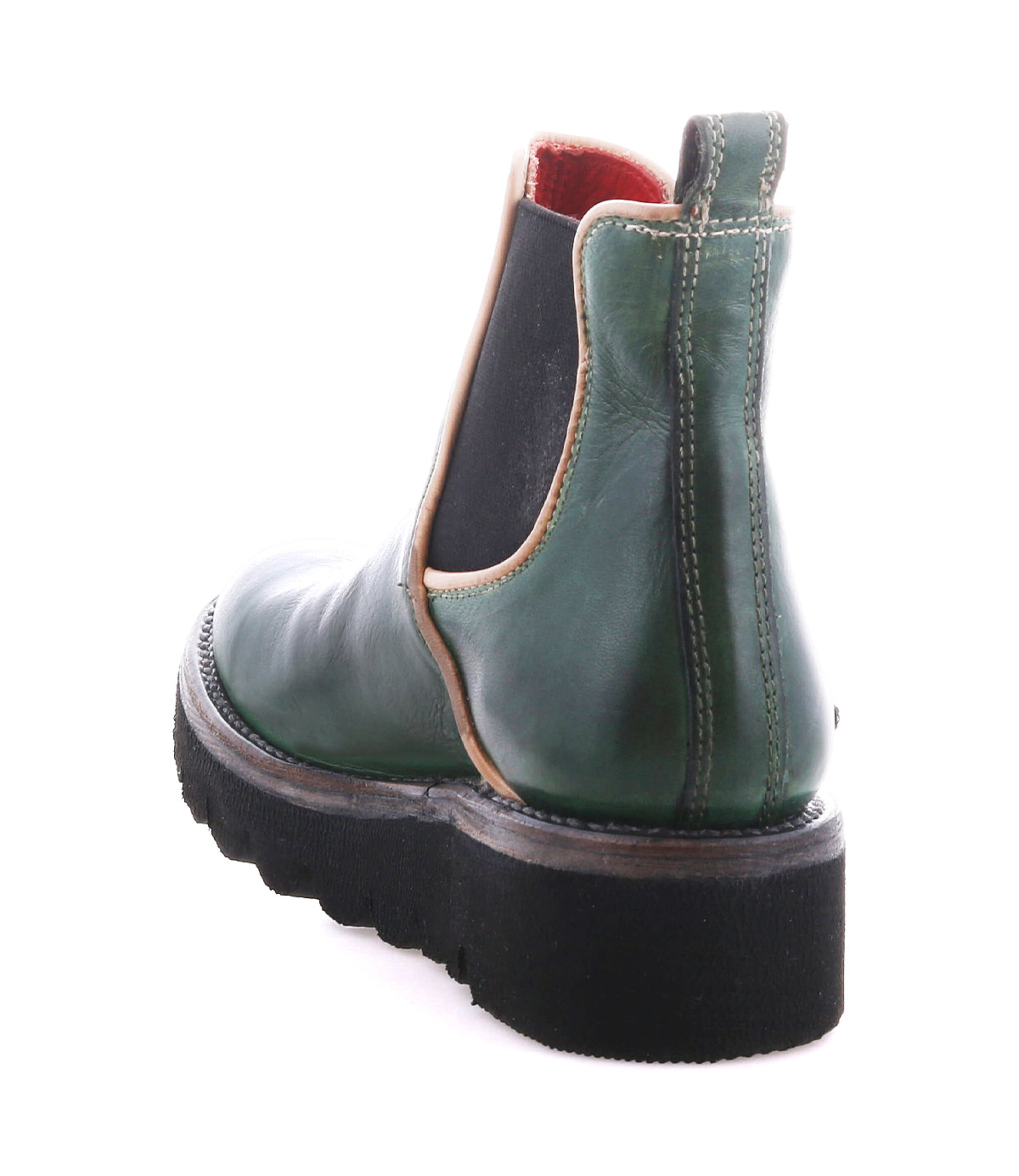 The Bed Stu Novel II is a green leather Chelsea boot featuring black elastic side panels, tan trim, visible stitching, and a thick black lug sole, shown from the back.