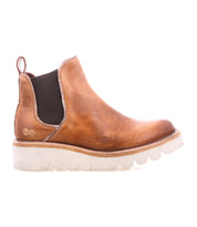 The Bed Stu Novel II is a tan leather Chelsea boot featuring elastic side panels, a back pull tab, premium leather upper, and a thick lightweight sole for all-day comfort.