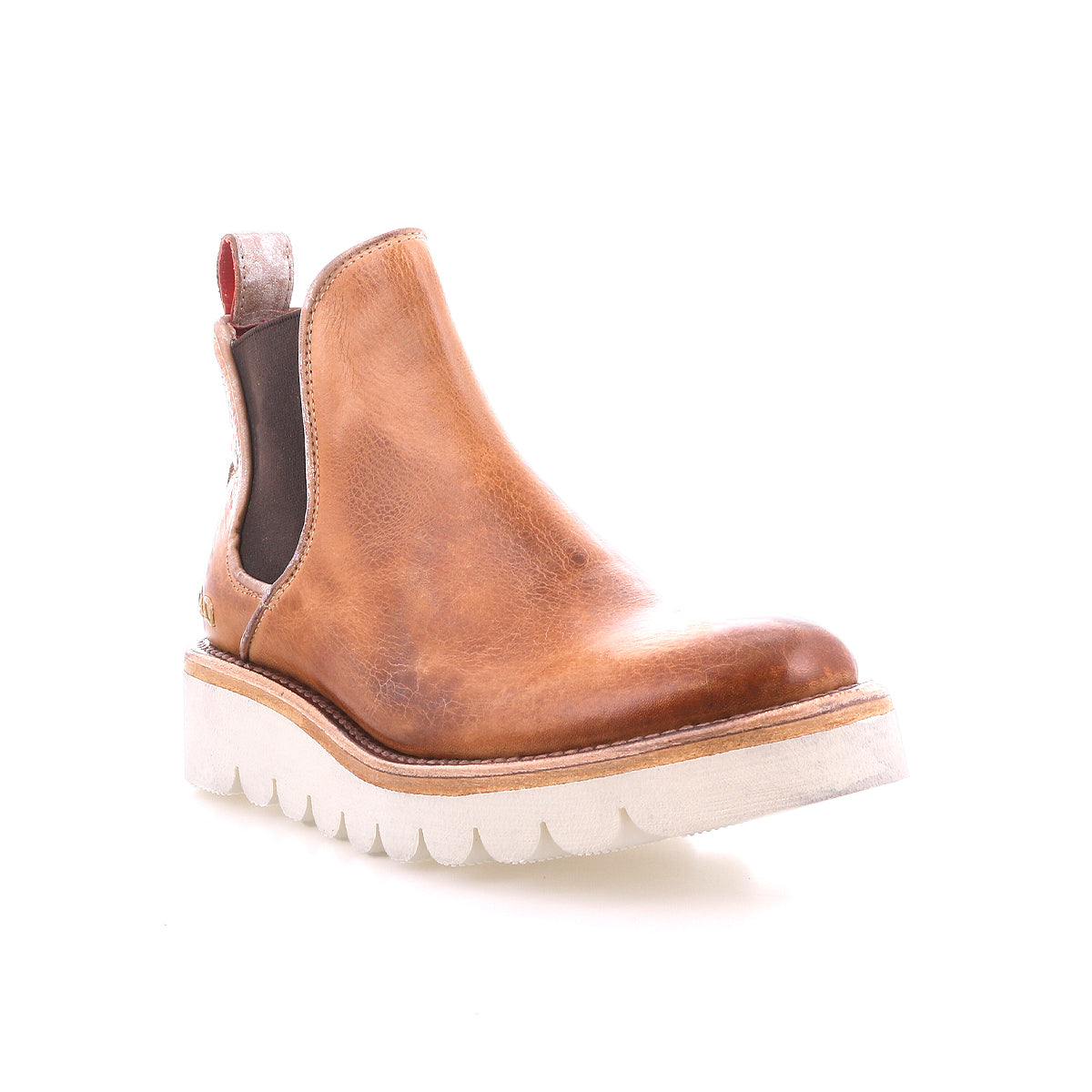 The Bed Stu Novel II is a brown leather Chelsea boot with a lightweight sole, black elastic side panels, and a red pull tab at the back, shown on a white background.