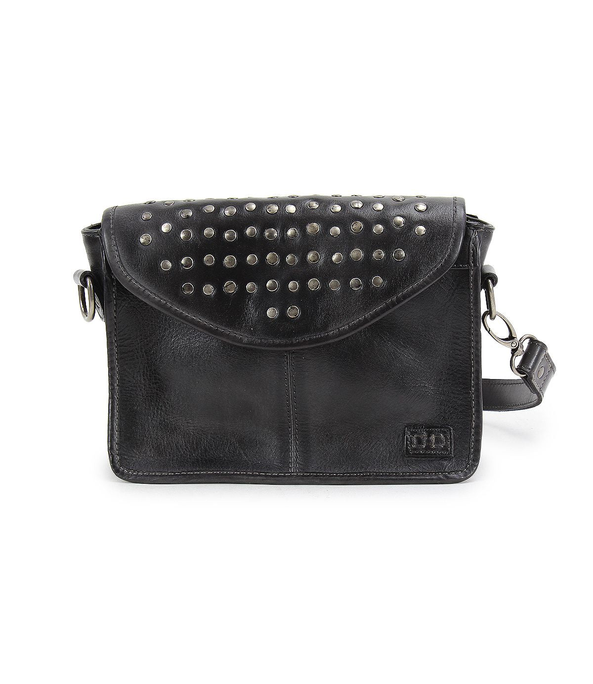 The Occurrence by Bed Stu is a versatile bag with an edgy design, boasting a black leather crossbody style. It features a studded flap and an adjustable strap.