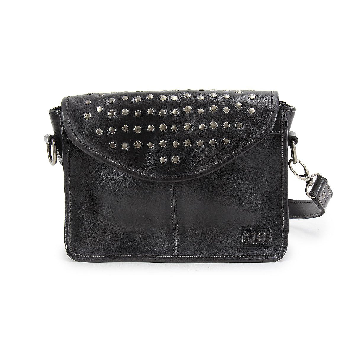 The Occurrence by Bed Stu is a versatile bag with an edgy design, boasting a black leather crossbody style. It features a studded flap and an adjustable strap.