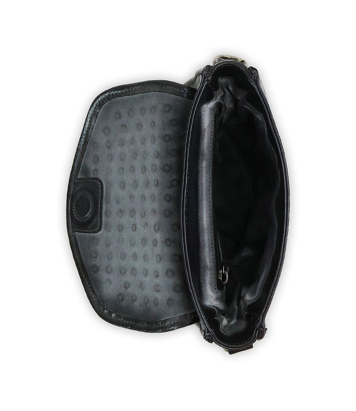 Open the Occurrence black purse by Bed Stu, equipped with a magnetic snap closure, showcasing an edgy design and a patterned interior lining.