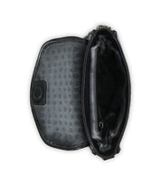Open the Occurrence black purse by Bed Stu, equipped with a magnetic snap closure, showcasing an edgy design and a patterned interior lining.