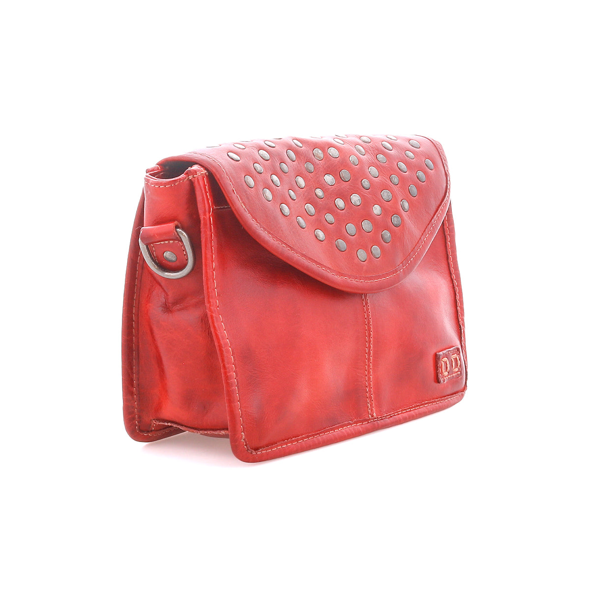 The Bed Stu Occurrence is a red leather compact crossbody featuring a flap adorned with metal studs and a small embossed logo on the lower right corner.