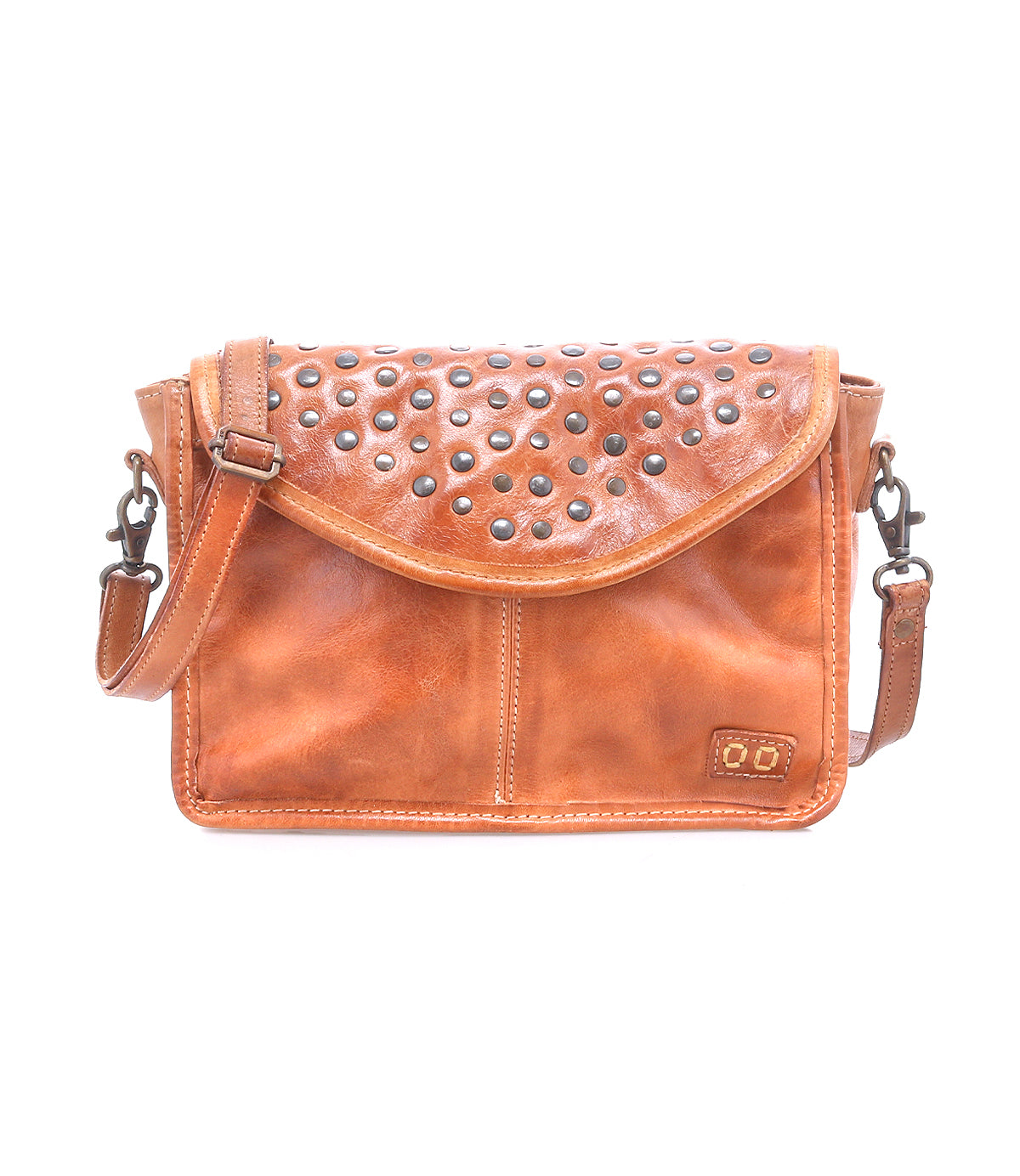 The Bed Stu Occurrence is a brown leather compact crossbody bag with a flap closure, metal studs, and a detachable strap—perfect as a stylish grab-and-go accessory for any occasion.