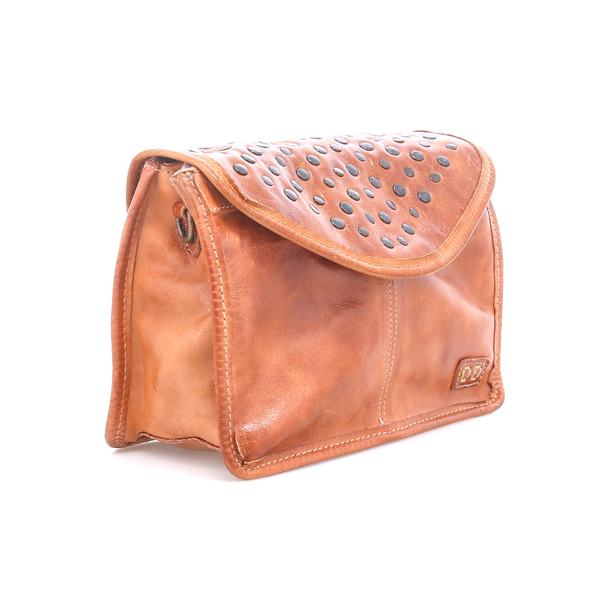 The Bed Stu Occurrence is a brown leather studded clutch with a flap closure, rows of dark round studs, visible stitching, and an embossed logo—making this compact crossbody the perfect grab-and-go accessory.