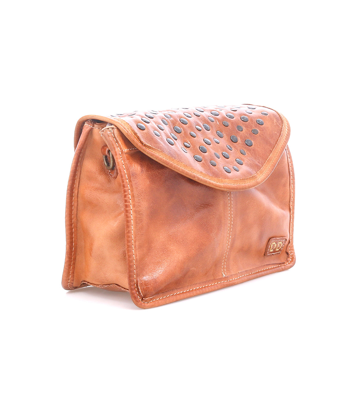 The Bed Stu Occurrence is a brown leather studded clutch with a flap closure, rows of dark round studs, visible stitching, and an embossed logo—making this compact crossbody the perfect grab-and-go accessory.