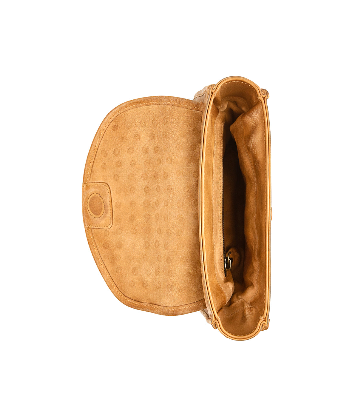 The Bed Stu Occurrence is a tan leather purse with an open flap, showing its empty interior and snap closure, photographed from above on a white background—a versatile accessory for any occasion.