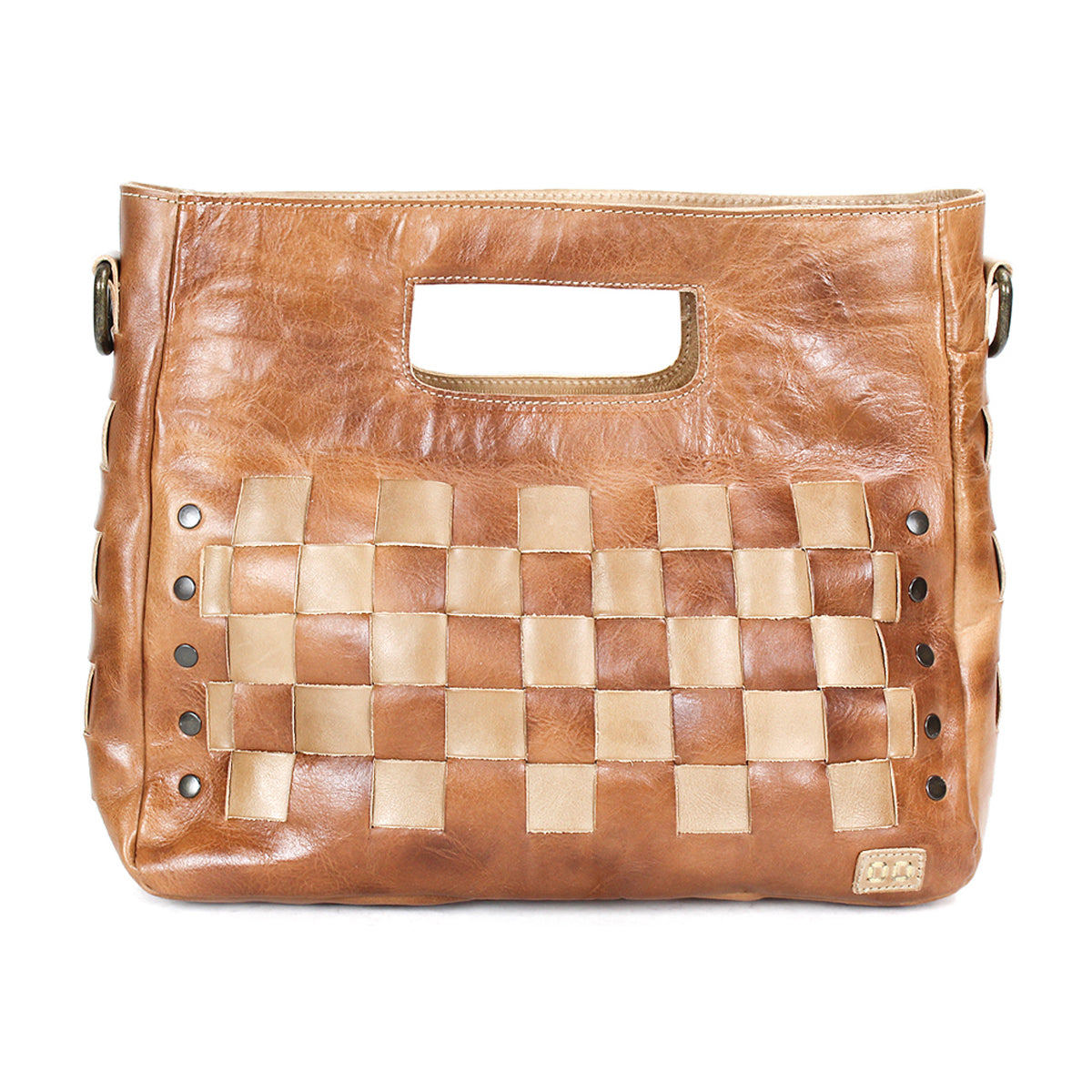 The Orchid handbag by Bed Stu features brown handwoven leather, a rectangular cut-out handle, front woven panels, and metal rivet accents along the sides.