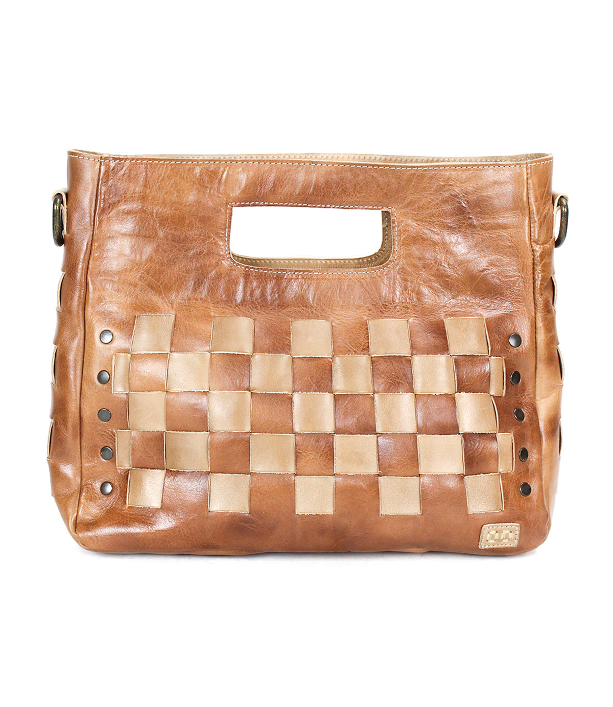 The Orchid handbag by Bed Stu features brown handwoven leather, a rectangular cut-out handle, front woven panels, and metal rivet accents along the sides.
