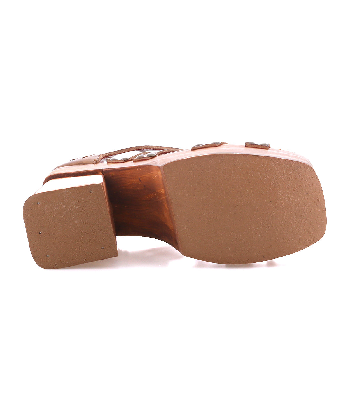 The image shows the bottom view of the Bed Stu Orphyx sandal, a brown open-toe style with a thick wood platform sole and heel, and a smooth tan rubber outsole.