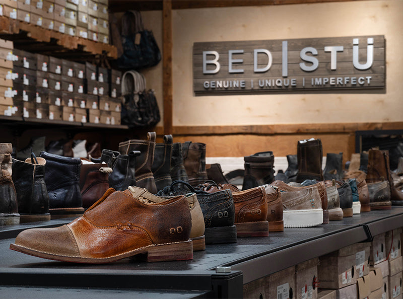 leather shoes and handbags displayed in store