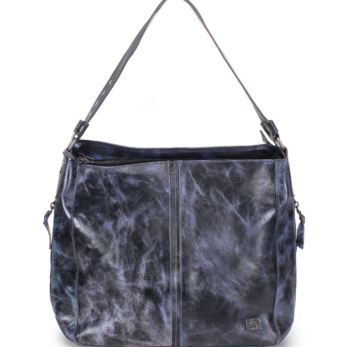 The Bed Stu Packet LTC II is a large black leather shoulder tote with a single strap, zippered top, textured finish, and small metal logo—ideal for everyday use or travel.