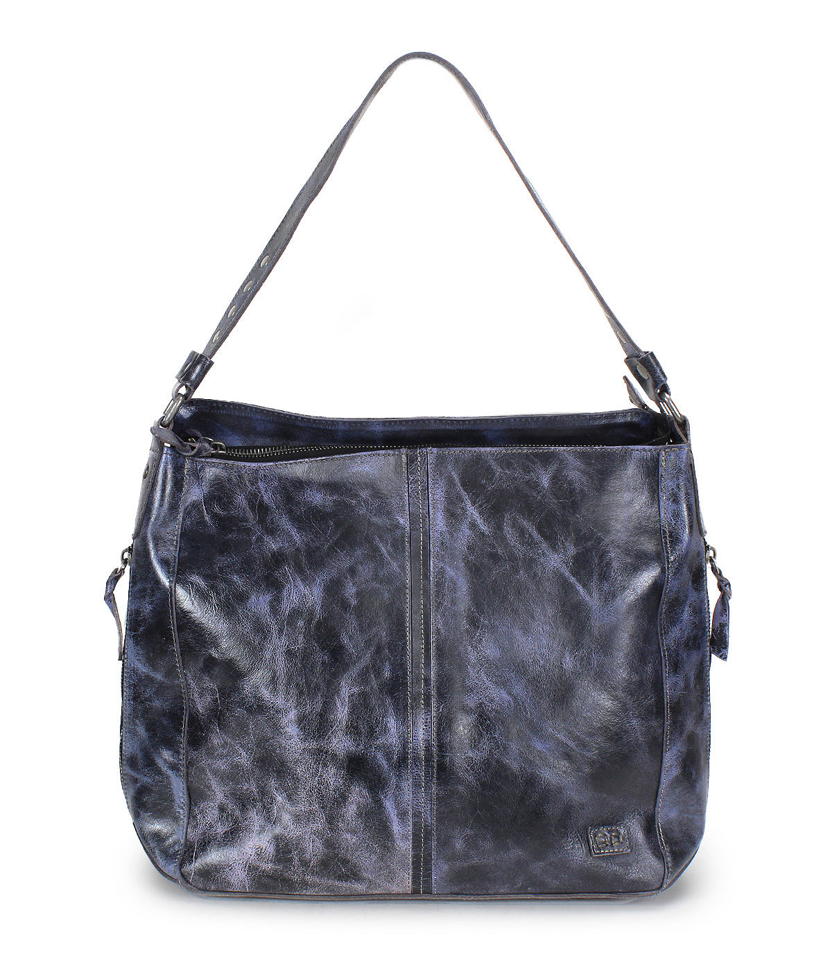 The Bed Stu Packet LTC II is a large black leather shoulder tote with a single strap, zippered top, textured finish, and small metal logo—ideal for everyday use or travel.