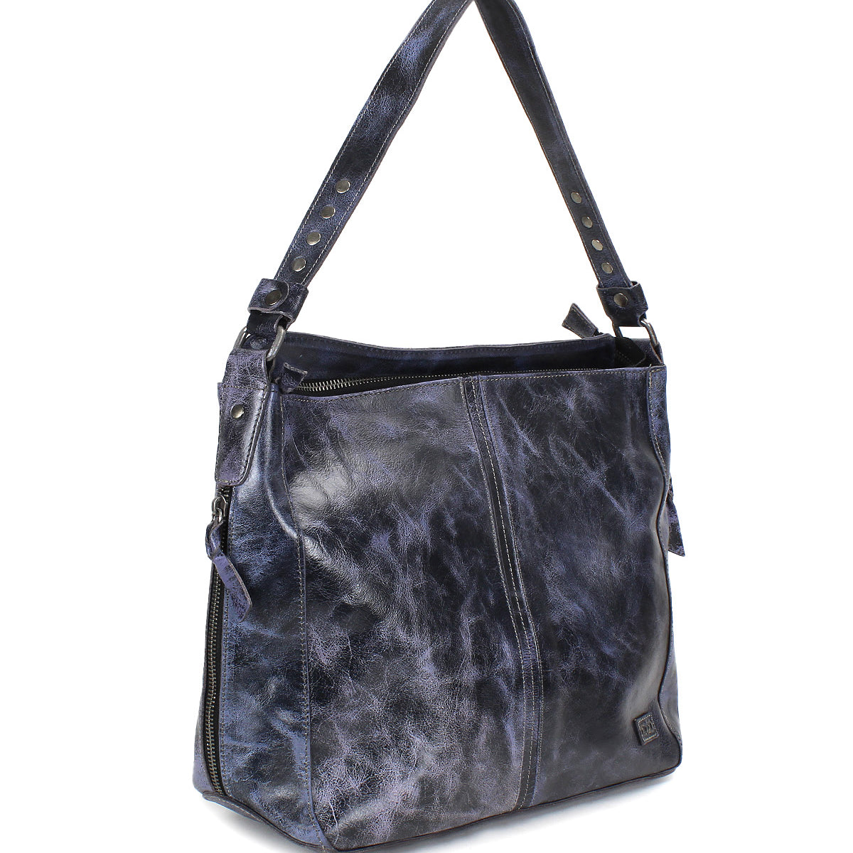 The Bed Stu Packet LTC II is a dark blue leather shoulder tote with a single strap, front stitching, side zippers, and secure top zip closure—perfect for daily use or as a stylish travel bag.