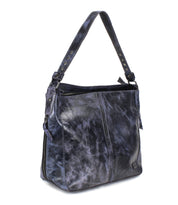 The Bed Stu Packet LTC II is a dark blue leather shoulder tote with a single strap, front stitching, side zippers, and secure top zip closure—perfect for daily use or as a stylish travel bag.