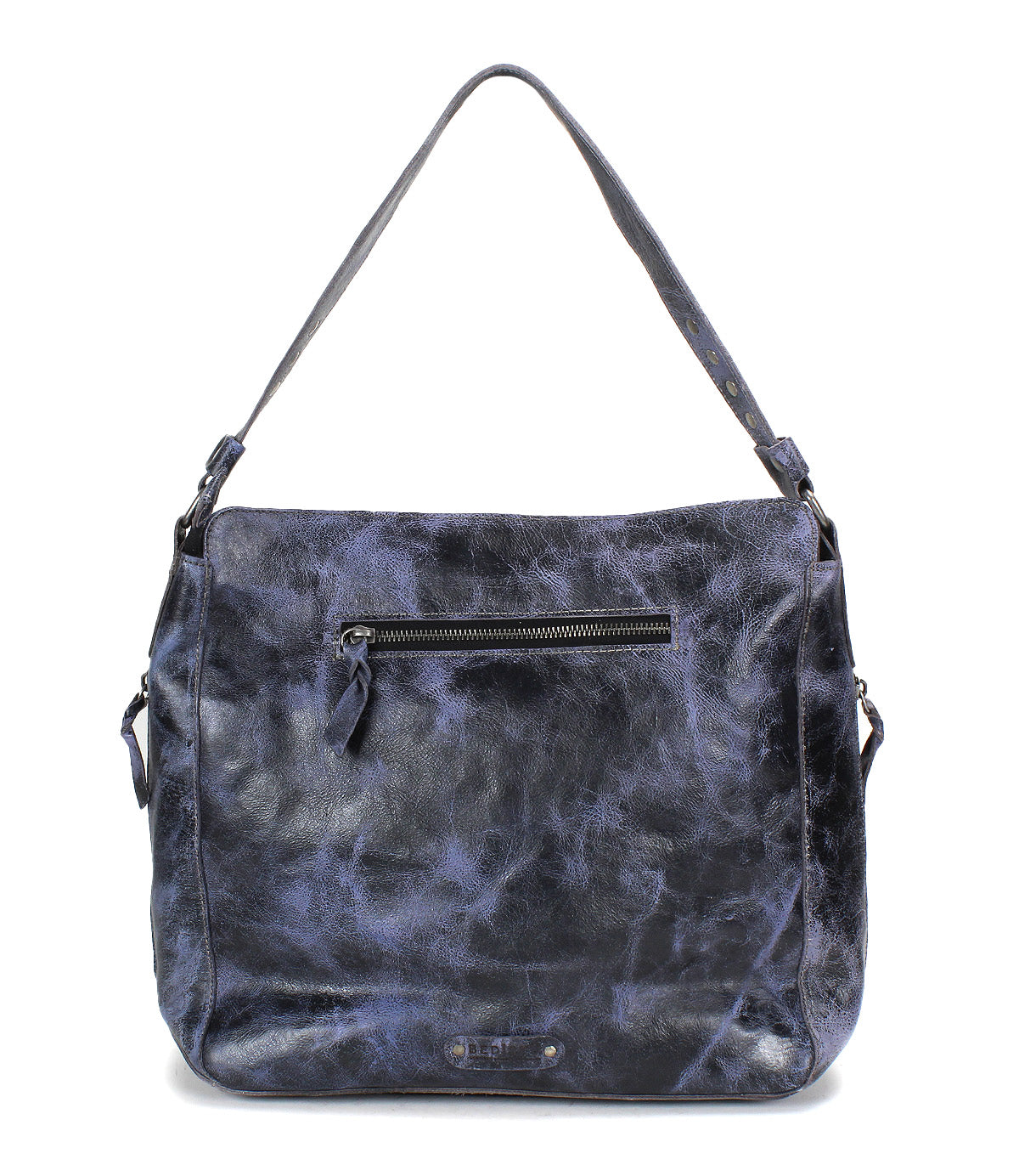 The Bed Stu Packet LTC II is a dark blue, distressed leather shoulder tote bag with a top handle and a front zippered pocket.