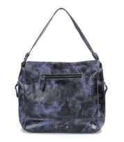 The Bed Stu Packet LTC II is a dark blue, distressed leather shoulder tote bag with a top handle and a front zippered pocket.