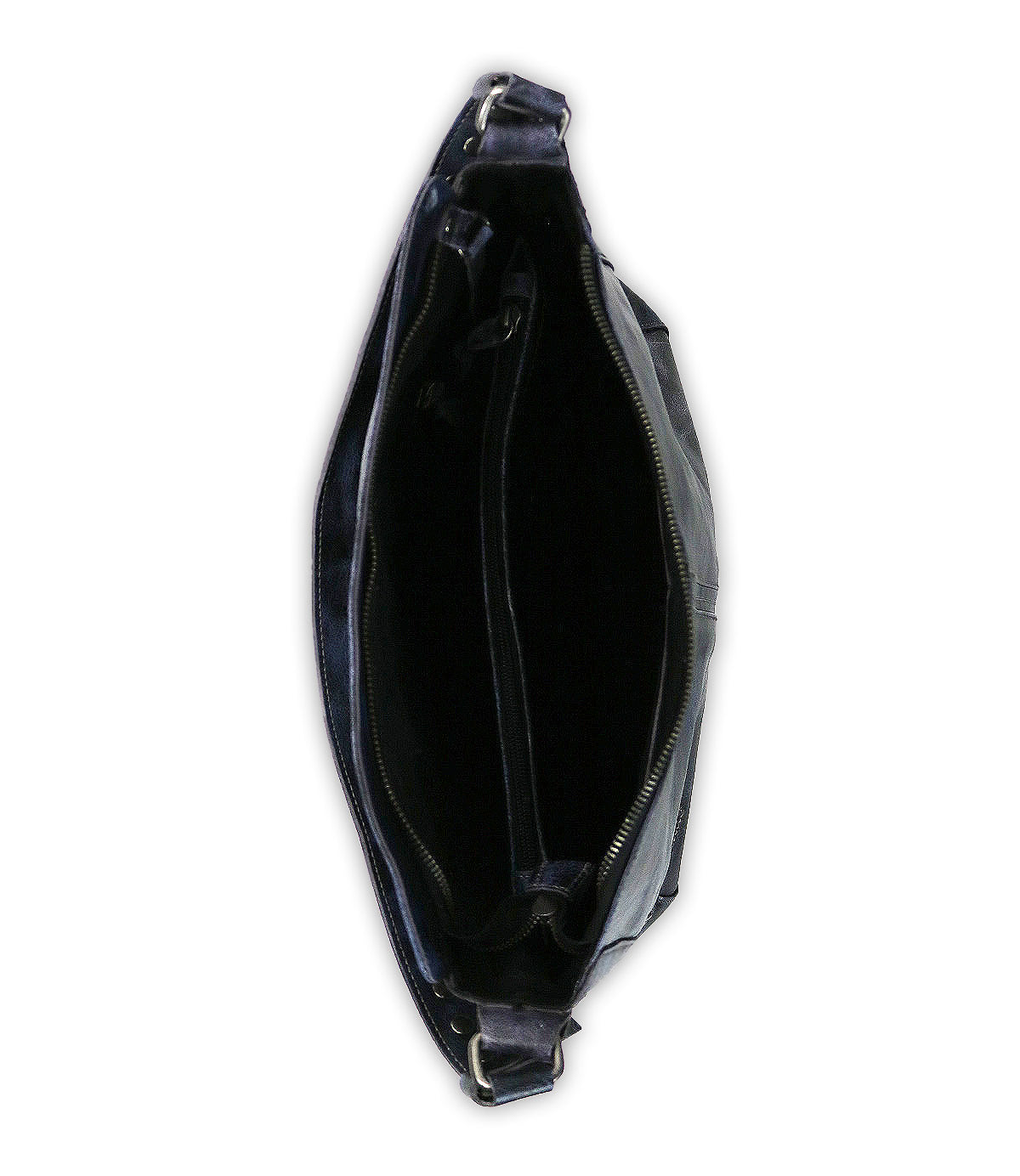 Top view of Bed Stu's Packet LTC II in black leather, featuring two main compartments divided by a central zippered pocket and handles on each side—ideal as a stylish travel or shoulder tote.