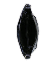 Top view of Bed Stu's Packet LTC II in black leather, featuring two main compartments divided by a central zippered pocket and handles on each side—ideal as a stylish travel or shoulder tote.