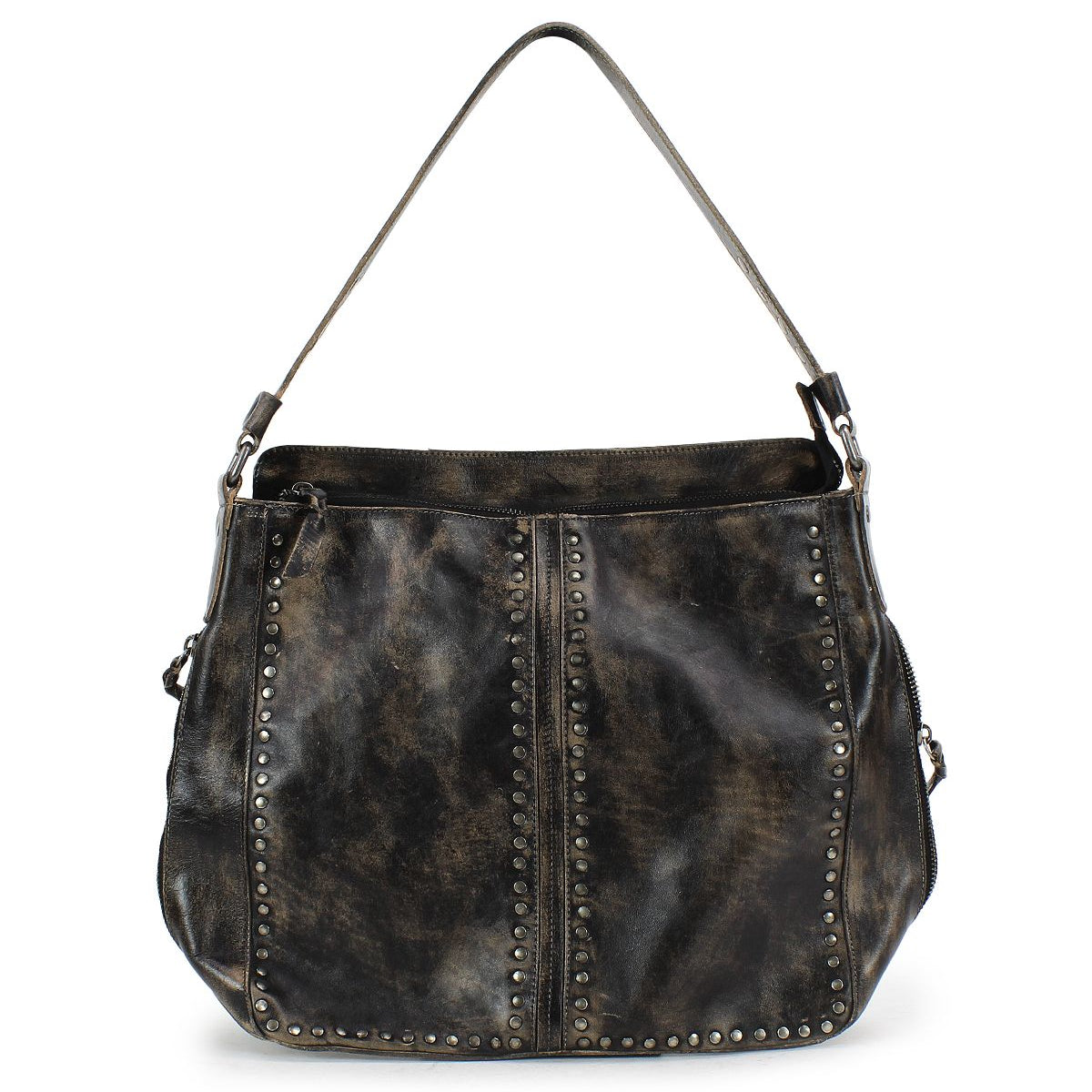 The Packet LTC by Bed Stu is a black leather shoulder tote bag featuring studded accents and a single strap.