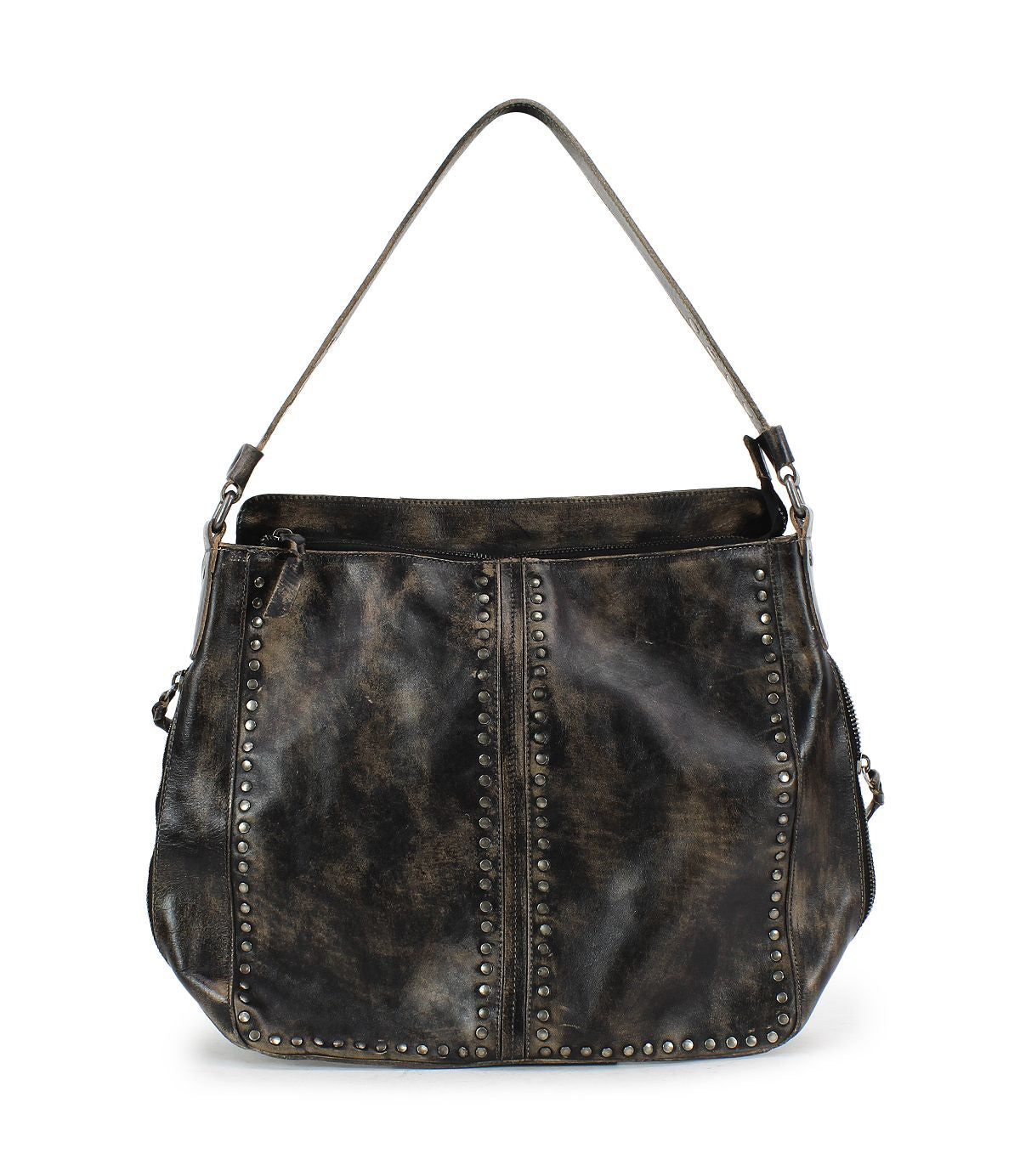 The Packet LTC by Bed Stu is a black leather shoulder tote bag featuring studded accents and a single strap.