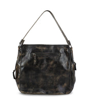 The Packet LTC by Bed Stu is a black and brown leather shoulder tote bag with a front zip pocket and an adjustable strap.