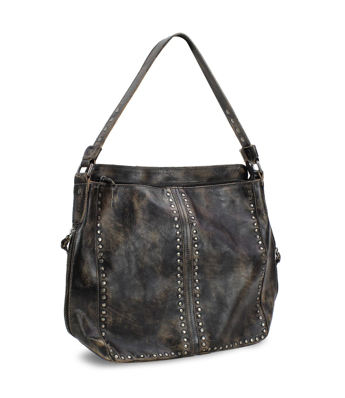 Discover the Packet LTC by Bed Stu, a distressed brown leather tote featuring metal stud details and a curved top handle – an ideal choice for those looking for a versatile travel companion.
