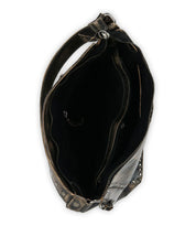 Top view of a partially open Packet LTC by Bed Stu, showcasing its studded leather design and revealing its black interior with compartments.