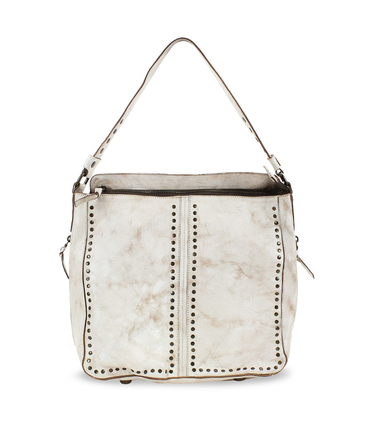 The Packet LTC by Bed Stu is a white leather shoulder tote bag with a single strap, featuring a zip closure and decorative metal studs arranged in vertical lines on the front.