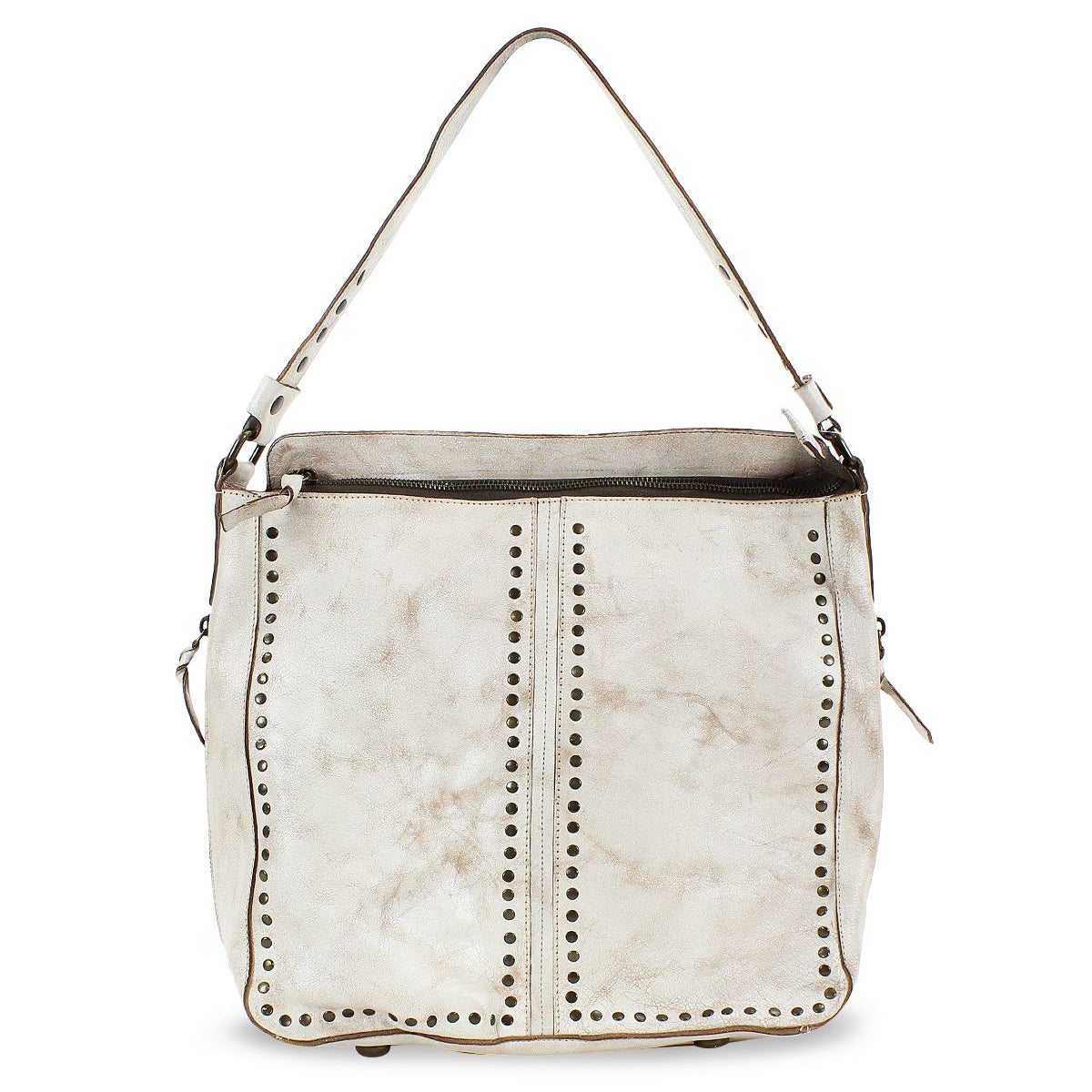 The Packet LTC by Bed Stu is a white leather shoulder tote bag with a single strap, featuring a zip closure and decorative metal studs arranged in vertical lines on the front.