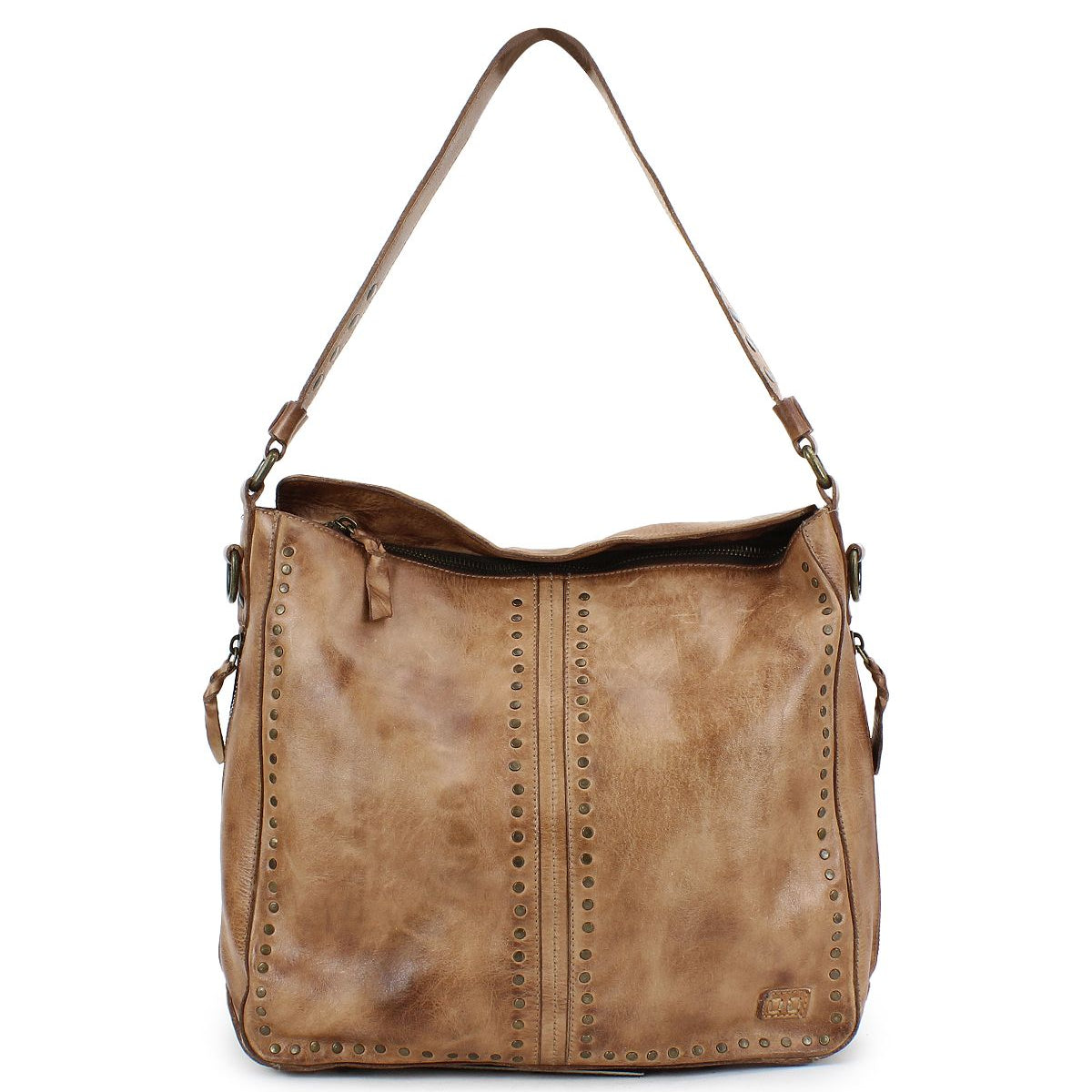 Packet LTC by Bed Stu: A brown leather shoulder tote bag embellished with decorative metal studs and a zippered top.