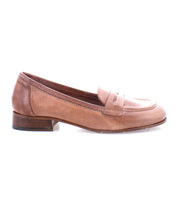 Side view of a brown Italian leather Bed Stu Paris loafer with a low heel and a classic penny strap.
