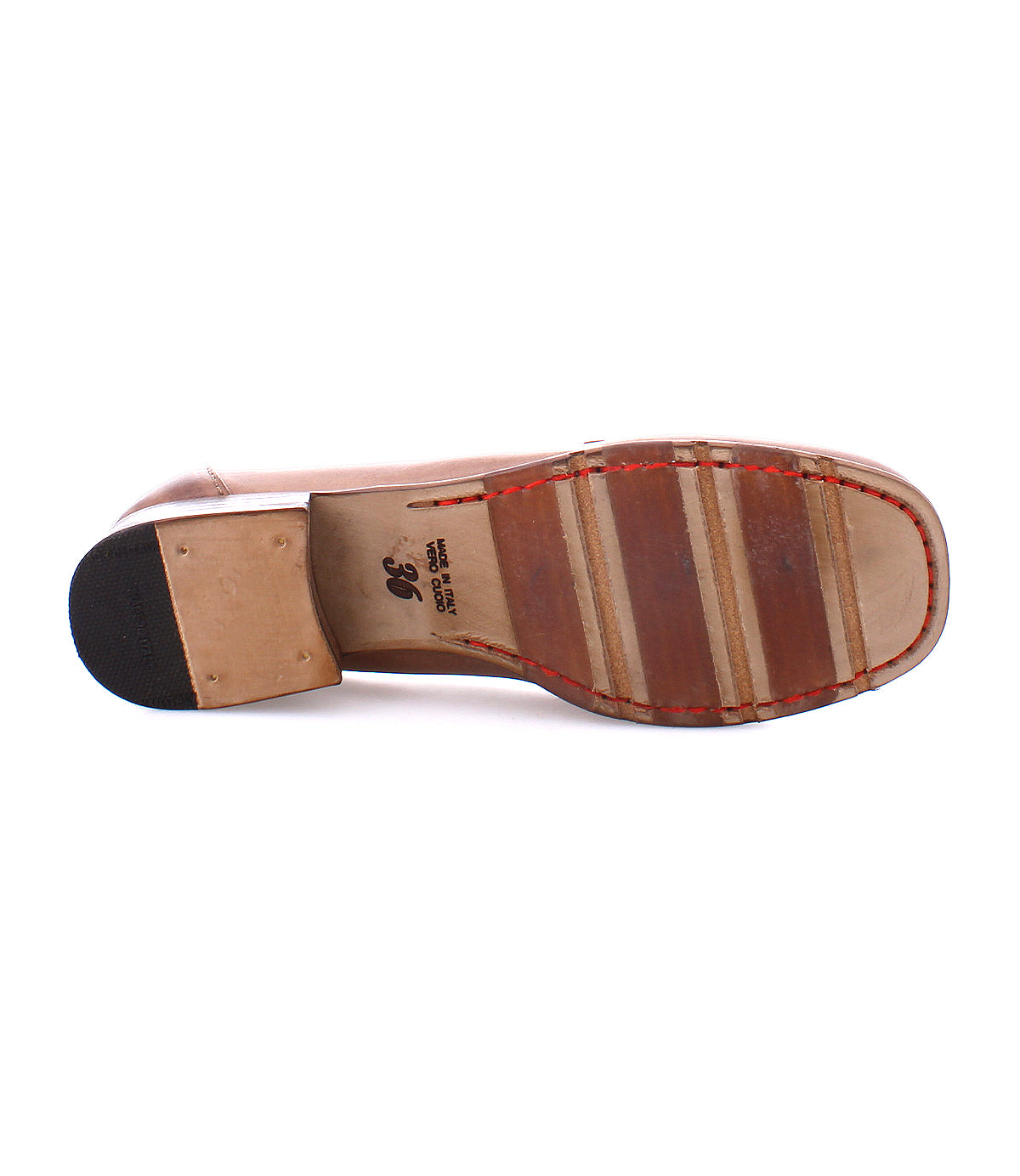 The image shows the sole of a classic brown leather penny loafer with a stacked heel. The text on the sole indicates the shoe size "36" and mentions "Made in Italy," highlighting its fine Italian craftsmanship.