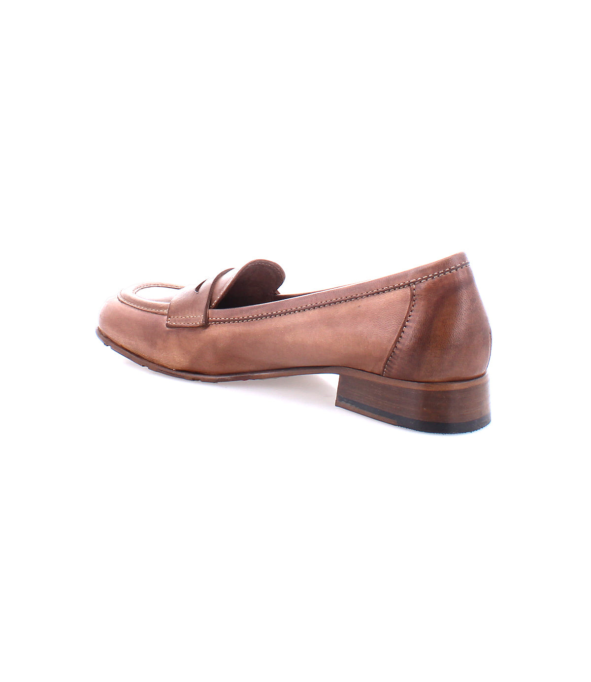 A single Paris by Bed Stu, a brown penny loafer with a low heel, crafted from Italian leather, viewed from the side against a white background.