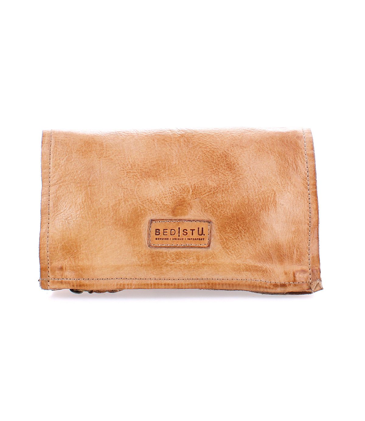 The Parle by Bed Stu is a tan leather wallet featuring a stitched "BED|STU" label on the front and zippered compartments for added security.