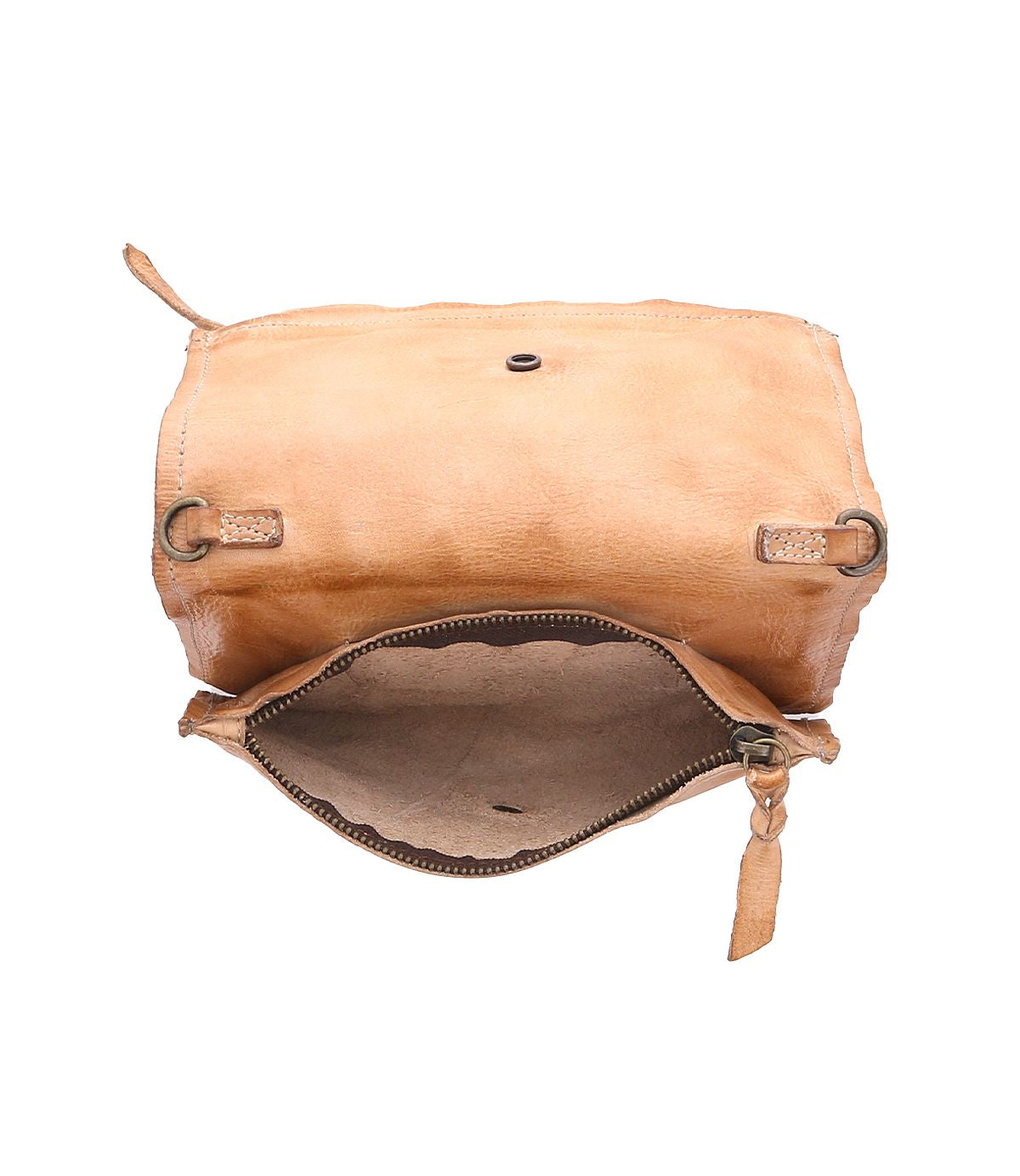 The Bed Stu Parle is a tan leather handbag with an open top flap, unveiling an unzipped main compartment and suede interior, complete with an adjustable crossbody strap for convenience.