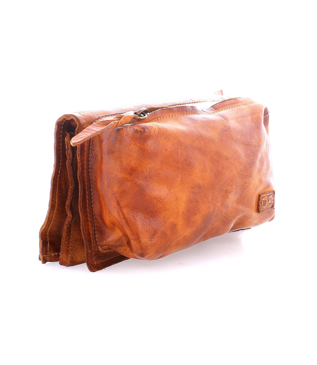 The Parle by Bed Stu is a brown leather toiletry bag with a versatile design, slightly worn appearance, and zipper closure, showcased against a plain white background.