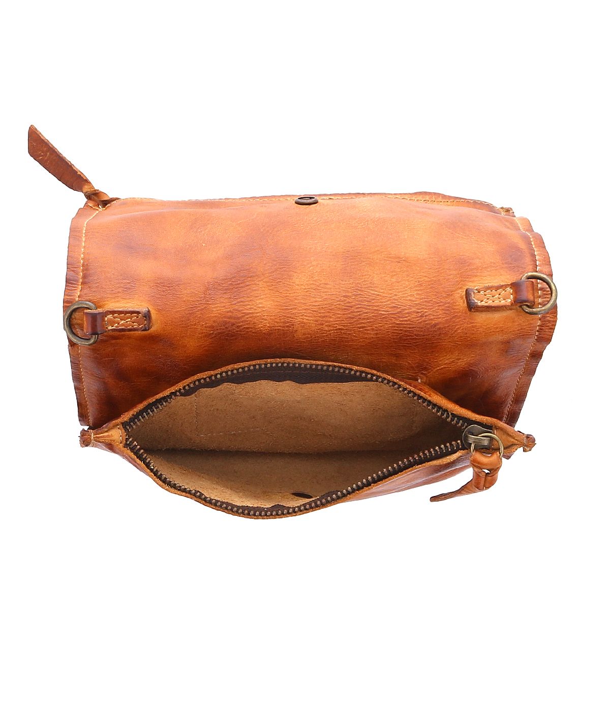 Top view of the Bed Stu Parle brown leather 3-in-1 bag with a visible zipper, inner lining, and versatile crossbody strap.