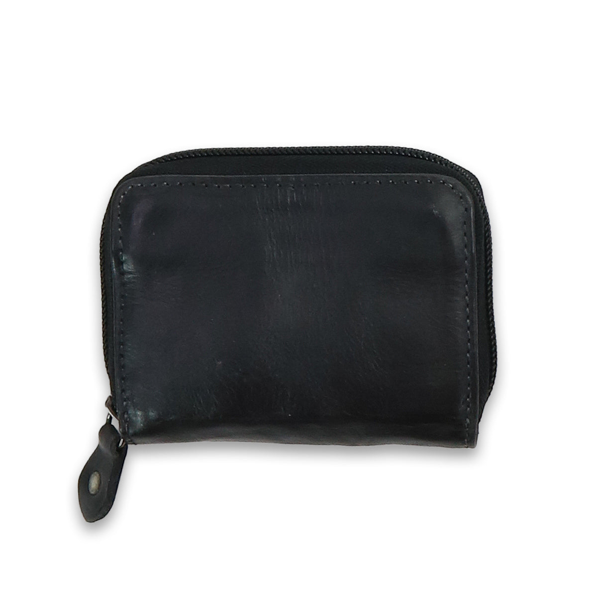The Peek wallet by Bed Stu is a compact black accessory made from premium leather, designed with a zippered closure featuring a metal button pull and handy card slots inside.