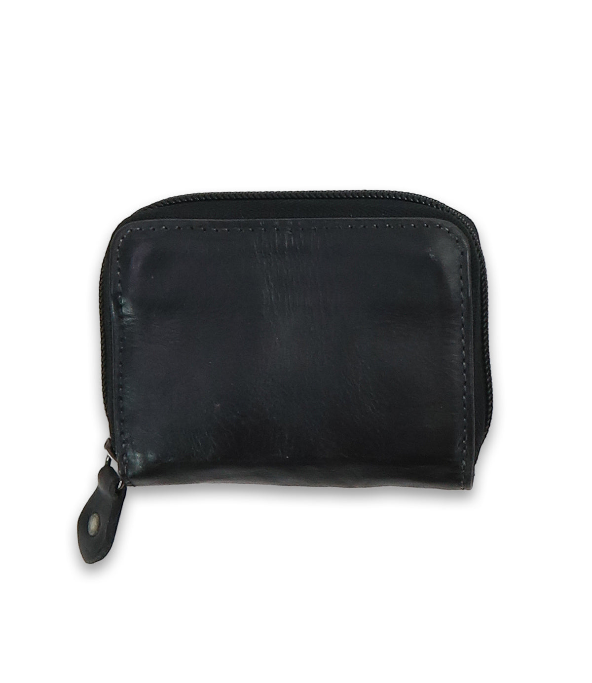 The Peek wallet by Bed Stu is a compact black accessory made from premium leather, designed with a zippered closure featuring a metal button pull and handy card slots inside.