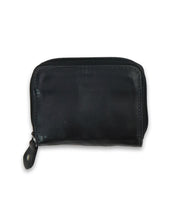 The Peek wallet by Bed Stu is a compact black accessory made from premium leather, designed with a zippered closure featuring a metal button pull and handy card slots inside.