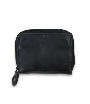 The Peek wallet by Bed Stu is a compact black accessory made from premium leather, designed with a zippered closure featuring a metal button pull and handy card slots inside.
