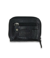 The Peek wallet by Bed Stu is a small black premium leather accessory, featuring a central zipper pocket, card slots for organization, and a silver button on the side flap.