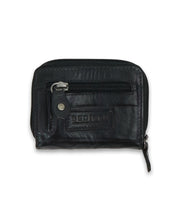 The Peek wallet by Bed Stu is a small black premium leather accessory, featuring a central zipper pocket, card slots for organization, and a silver button on the side flap.