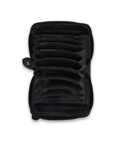The Bed Stu Peek accordion-style wallet, crafted from premium leather, opens to multiple empty compartments and card slots with a zippered closure.
