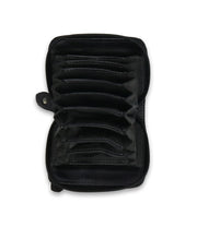 The Bed Stu Peek accordion-style wallet, crafted from premium leather, opens to multiple empty compartments and card slots with a zippered closure.