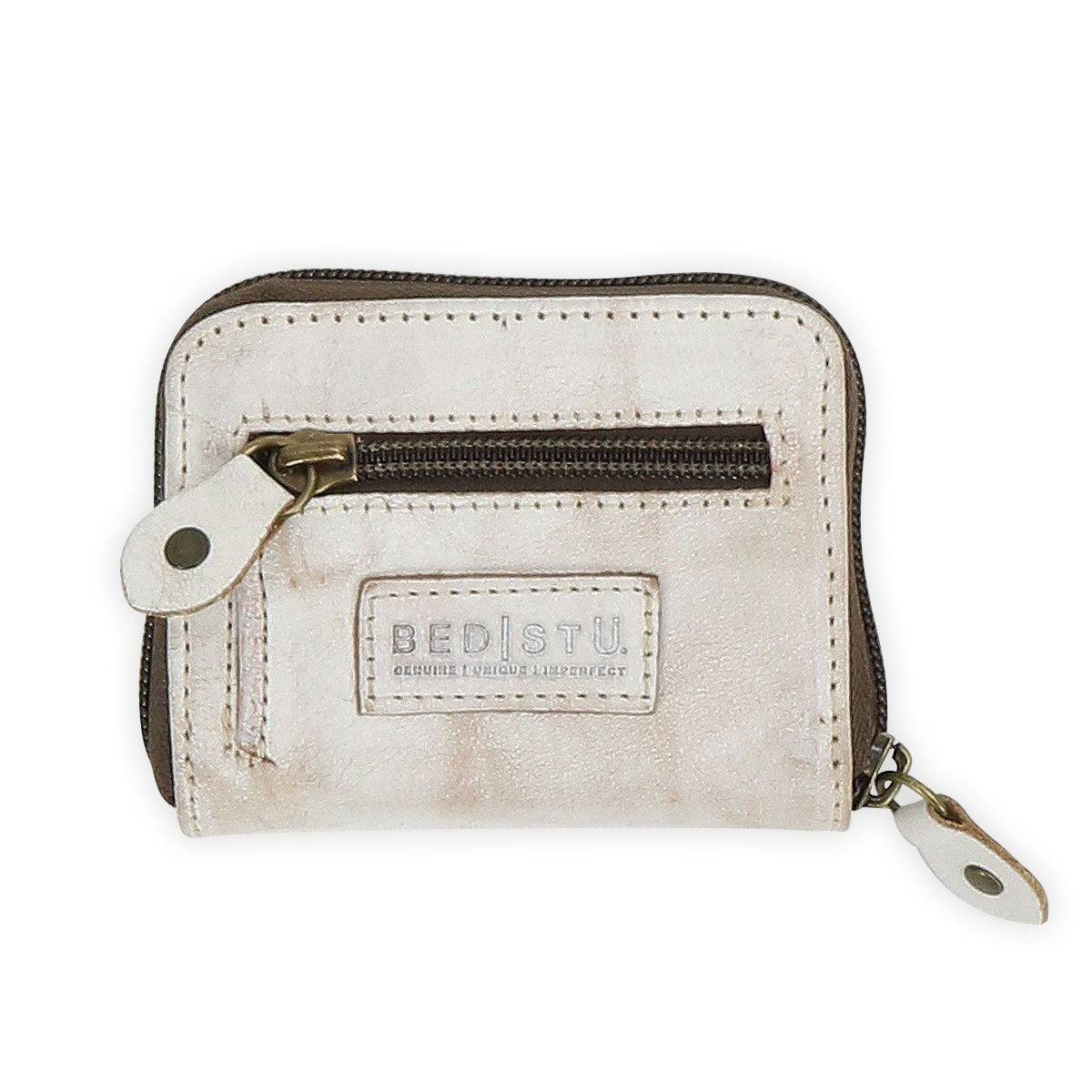 The Peek Wallet by Bed Stu is a premium beige leather accessory featuring card slots, a front pocket, and a branded patch labeled "BED|STÜ.