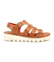 The Bed Stu Perfect sandals feature brown leather, multiple straps, a buckle closure, cushioned footbed, and a thick white ridged sole, shown in profile on a plain background.