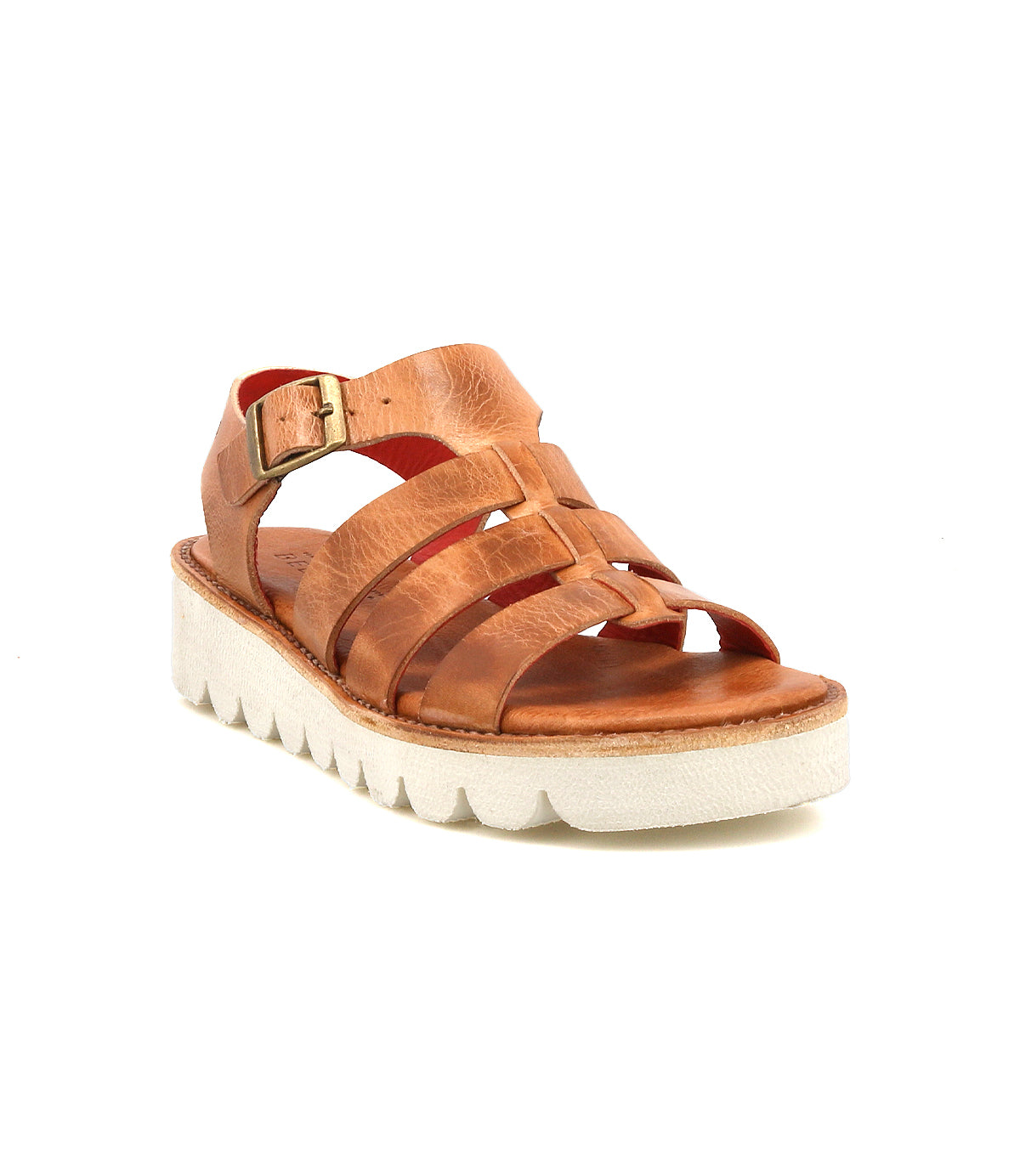 The Bed Stu Perfect sandal features brown leather, a platform with buckle strap, cushioned footbed, and white grooved sole, shown at a three-quarter angle on a plain white background.